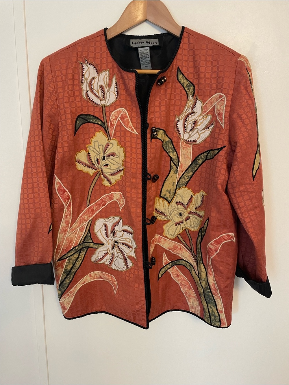VTG Indigo Moon Art To Wear Coral Floral Embroidered Appliqué Jacket Size XS